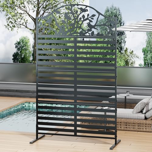 Metal Outdoor Privacy Screen, Decorative Privacy Panel with Tree Bird Design, Weatherproof Freestanding Modern Privacy Fence Divider for Patio, Deck, Backyard, Porch & Balcony (1, Black) - color: Black