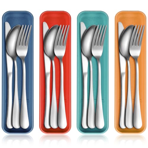 Yinkin 4 Pack Portable Travel Utensils Set with Case Reusable Stainless Steel Silverware Flatware Camping Cutlery Include Fork Spoon Knife for Work School Dishwasher Safe(Mixed Color) - color: Blue,Orange,Green,Yellow