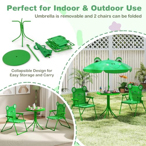 KOTEK Kids Picnic Table with Umbrella, Outdoor Table & 2 Folding Chairs, Cute Pattern Children’s Patio Furniture, Portable Kids Table and Chair Set for Backyard, Garden, Beach (Green) - color: Green Frog