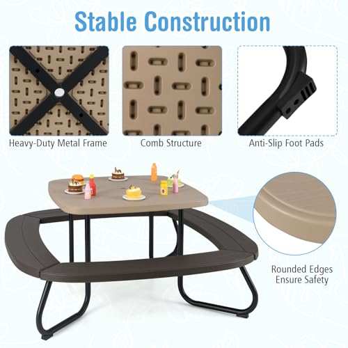 HONEY JOY Kids Picnic Table, 8 Person Toddler Outdoor Table and Chair Set, 4 Built-in Benches, Removable Umbrella, Metal Frame & HDPE Top, Children Outdoor Furniture for Backyard Patio Garden (Coffee) - color: Coffee