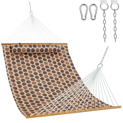 Lazy Daze Hammocks 12FT Quilted Fabric Hammock with Soft Pillow, Double 2 Person Tree Hammock with Spreader Bar for Outside Patio Poolside Backyard Beach, 450 lbs Capacity, Amber Dots - color: Amber Dots