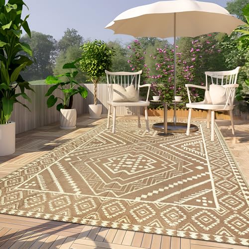 Waterproof Outdoor Rug 5x8 ft, Reversible Plastic Straw Mat, Large Floor Mat for Patio, Camping, Picnic, Backyard RV, Deck, Beige - color: Beige, size: 5' x 8'