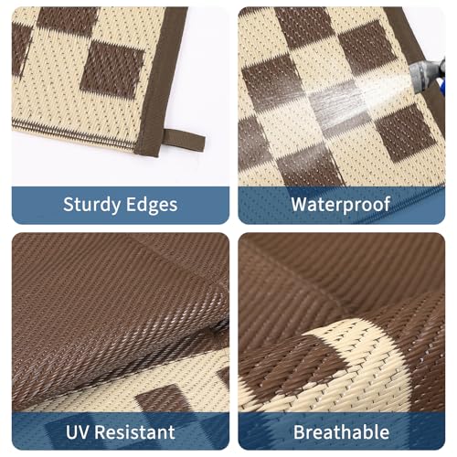 Outdoor Rug 9x12 Waterproof Reversible Patio Rug Geometric Outdoor Carpet with Stakes & Carry Bag, Fade-Proof & Weather Resistant RV Mat for Garden Backyard Balcony Camping, Brown Beige - color: Border1|brown Beige, size: 9' x 12' (Rectangular)