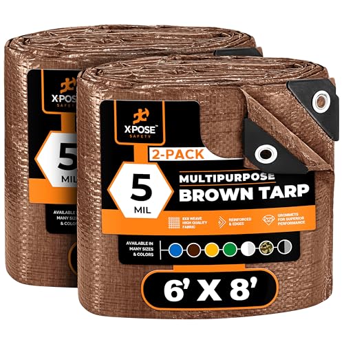 Multipurpose Protective Cover Brown Poly Tarp 6' x 8' (2-Pack) - Durable, Water Resistant, Weather Resistant - 5 Mil Thick Polyethylene - by Xpose Safety - color: Brown, size: 6 Feet X 8 Feet (2pk)