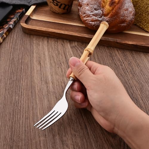 Dinner Fork Set, 8-Piece Natural Bamboo Forks, 18/8 Stainless Steel with Bamboo Handle, Silver Mirror Finish, Unique Design, 8.27 Inch - color: 8-Piece Dinner Fork