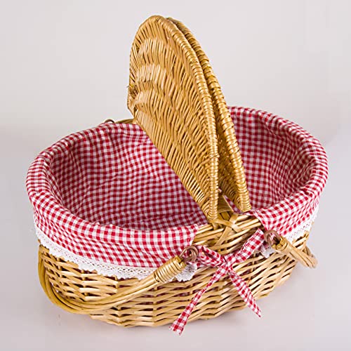 Wicker Picnic Basket with Lid and Handle Sturdy Woven Body with Washable Plaids Liner,Red - color: Red Check