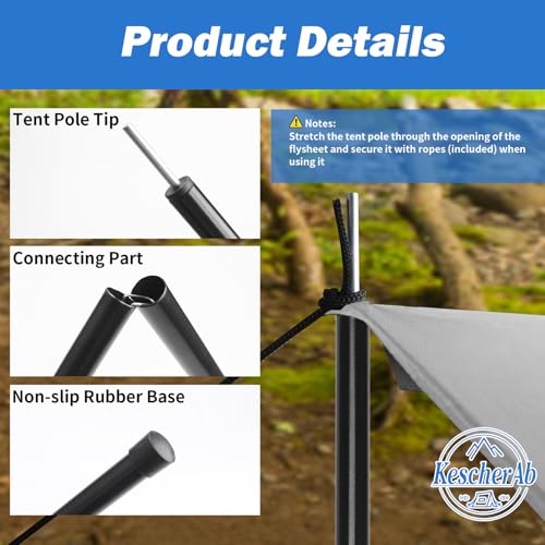 Tent Poles for Tarp, KescherAb Adjustable Tarp Poles Aluminium Tarp Poles Set of 2 for Tent Fly, Awning, Outdoor Camping, Hiking, Backpacking & Rainfly with Pegs & Reflective Ropes, Black - color: Black