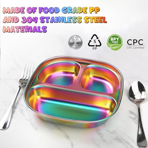 VZZNN 6 Pack Stainless Steel Kids Plates,Toddler Plate with Lid and Cutlery,Suitable for Family Gatherings, Kindergartens, Outdoor Activities and Travel(Colorful)