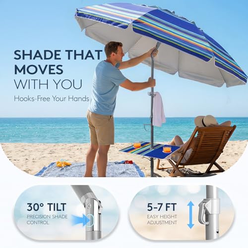 PASAMIC 7ft Beach Umbrella for Sand Featuring a 23'' Built-in Table with Sand Anchor & Tilt, UPF 50+ Protection Beach Umbrella for Heavy Duty Wind with Bag and Hook, Dark Blue Stripes（Random pattern） - color: Dark Blue Stripes, size: 7FT with Table