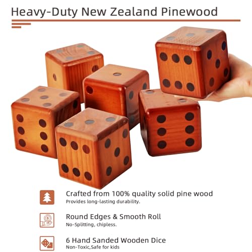 ApudArmis Classic Mahogany Giant Wooden Yard Dice Set, 3.5In Big Die Lawn Game Set with Scoreboard & Carrying Bag - Large Pine Wooden 6 Dice Backyard Game for Adults Family - color: Classic Mahogany