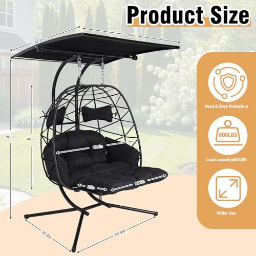 Double Egg Chair Outdoor with Stand & Adjustable Canopy, Extra Large 2 Person Hanging Chair with Leg Rests, Outdoor Egg Chair with Thickened Cushion, 600lbs Capacity for Patio, Garden (Black)