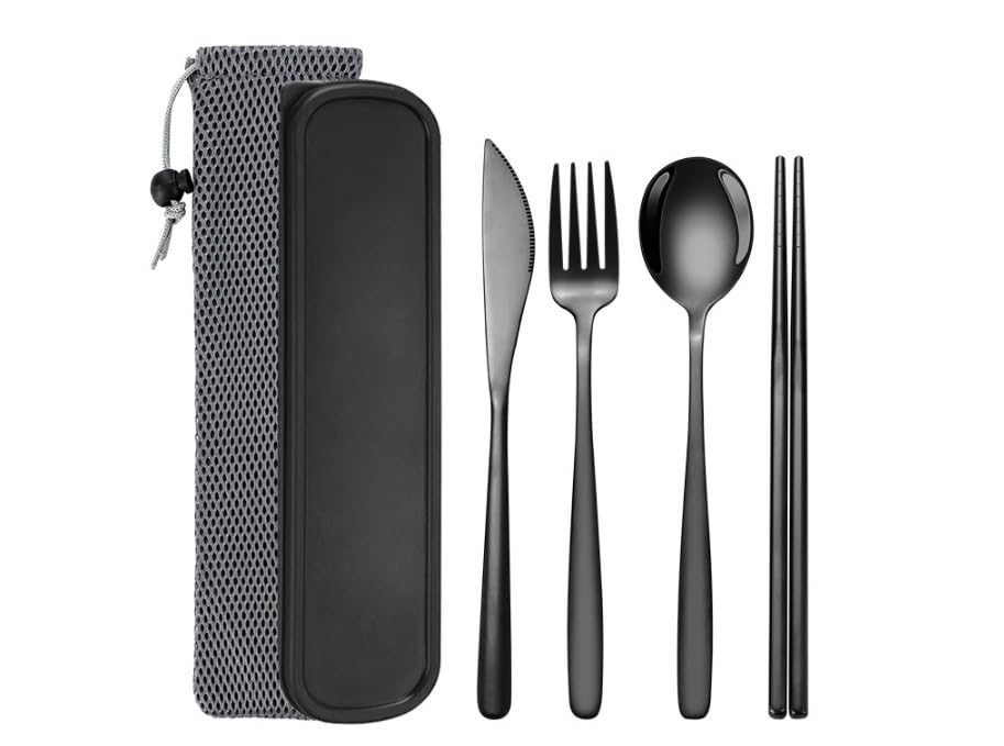 Portable Camping Utensil Set - 18/8 Stainless Steel Travel Silverware with Compact Case - Reusable Knife Fork Spoon Chopsticks Kit for Hiking, Picnic, Backpacking & Outdoor Eating (Black) - color: Black