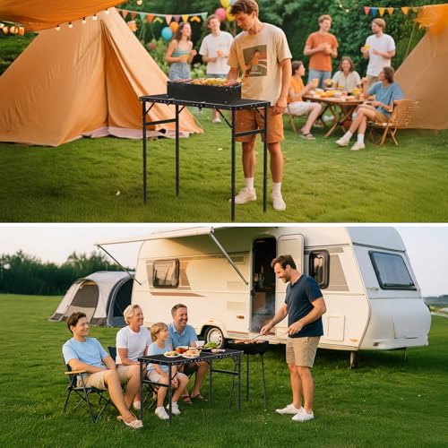 GARLLEN Folding Grill Table, 3-Height Adjustable Lightweight Grill Table with Heat-Resistant Tabletop, Portable Aluminum Camping Table for BBQ, Picnic, Cooking, 35.4" L x 15.7" W, Threaded Install - color: Black, size: Tabletop Size: 35.4"L x 15.7"W