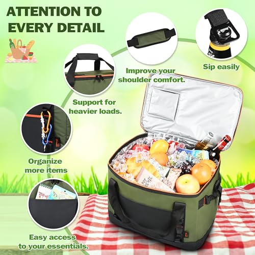 Tirrinia Large Cooler Bag Insulated, 48 Cans Leakproof Soft Camping Coolers, Portable Beach Cooler with Shoulder Strap for Picnic, Beach, Travel Road Trip - color: Green Black