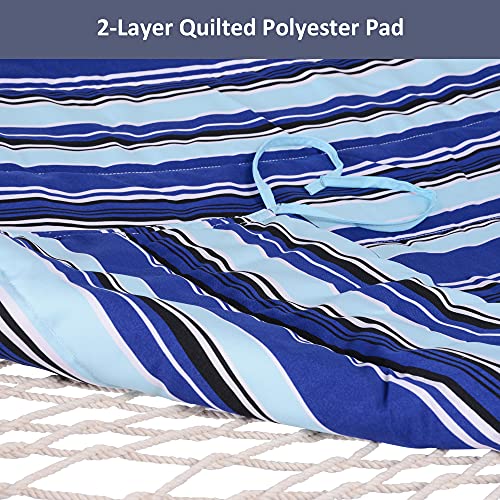 SUNCREAT Cotton Rope Hammock for Two People with Hardwood Spreader Bars, Quilted Fabric Pad & Detachable Pillow, Extra Large Hammock with Wooden Stand, Blue Stripe - color: Pad-blue Stripes