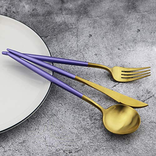 5-Piece Matte Gold Silverware Set, 18/10 Stainless Steel Satin Finish Flatware, Kitchen Utensil Set, Dishwasher Safe - color: Purple Handle Gold, size: Service for 1