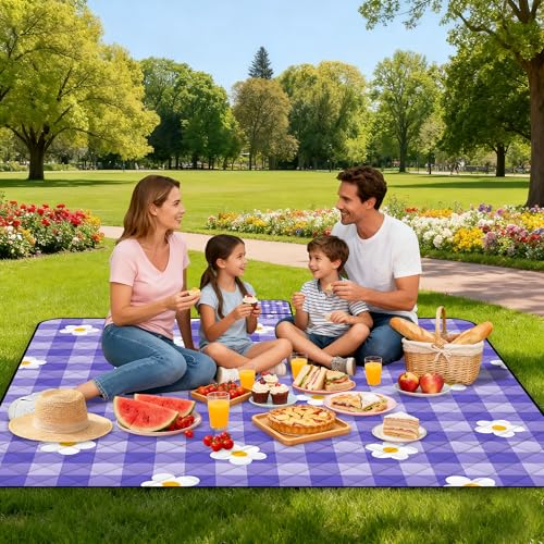 Extra Large Picnic Blanket Waterproof,80"x 80"Foldable Machine Washable Beach Blanket,Outdoor Blanket for 6-8 Adults,Suitable for Indoor Crawling,Park Beach,Camping,Hiking,Family Travel(Purple) - color: Purple Tile, size: 6'8" x 6'8" (Square)