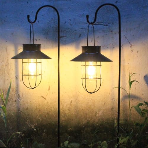 Solar Lantern 2pack Outdoor Hanging Light- Waterproof Vintage Metal Light with Shepherd Hook Decorative for Patio, Backyard, Porch, Yard (Black) - color: Black