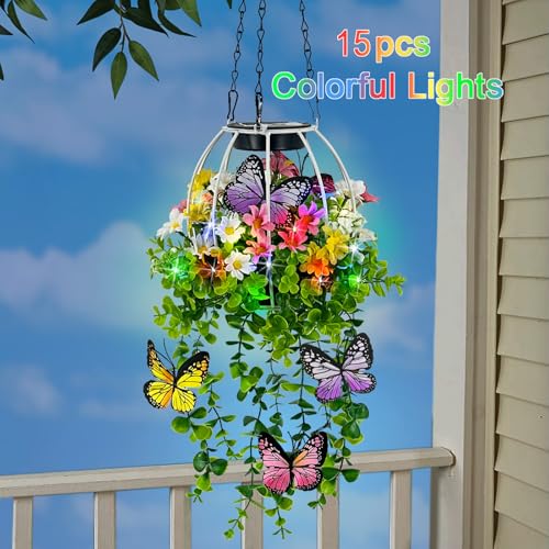 Solar Hanging Lanterns Outdoor Decor,Colorful Lights with Artificial Butterfly & Flowers Danglers for Porch,Yard,Patio,Spring Garden Decorations
