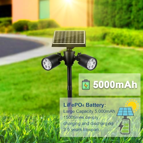 EMANER Outside Motion Solar Lights, 5000mAh Auto Detect On/Off or Always On Security Light, Solar Spotlights Wall Mount, Dusk to Dawn Solar Powered Floodlights with Stake for Lawn Landscape, 2Pack