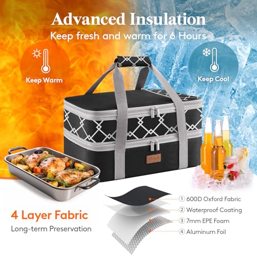 Lifewit Insulated Double Decker Casserole Carrier, Expandable Lasagna Lugger Tote Bag for Hot or Cold Food, Fits 9" x 13" Baking Dish for Potluck Parties, Picnic and Cookouts, Black-Geometric - color: Black-Geometric