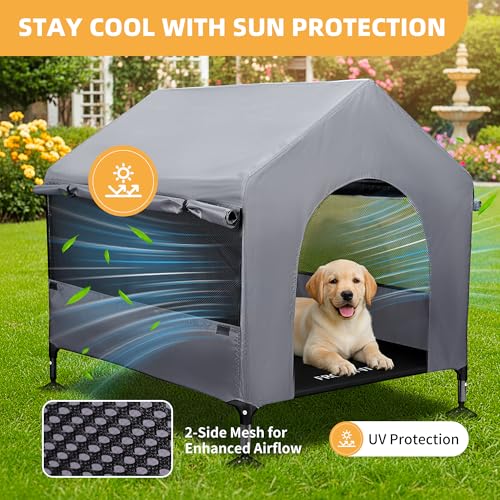 36" Dog House Outdoor Indoor with Breathable Mesh Windows, 2-in-1 Outside Dog House Elevated Dog Bed Cot Dog Tent Shade Shelter, Easy to Assemble & Clean (36 INCH) - size: 36 INCH