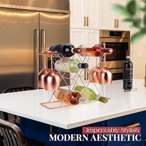 Gusto Nostro Countertop Wine Rack with Glass Holder for 8 Bottles & 4 Glasses, Small Modern Tabletop Wine Rack - No Assembly Wine Holder Stand for Home Kitchen Cabinet Wine Cellar Storage (Rose Gold) - color: Rose Gold, size: 8 Bottles