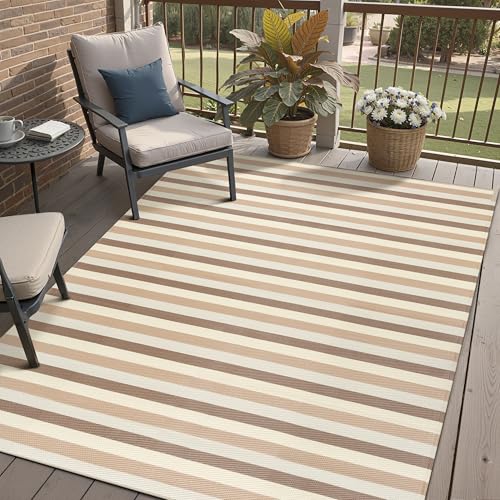 PureCozy Outdoor Waterproof Patio Rug 5x8 Plastic Straw Reversible Outside Beige Striped Carpet Lightweight Large Rug for Camping RV Porch Deck Balcony Beach - color: Stripe | Beige Brown, size: 5' x 8' (Rectangular)