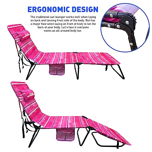EasyGo Product FLIP Face Down Tanning Beach Chair Lounger with Face & Arm Holes - Polyester Material – Multiple Backrest Positions - Head Rest Pillow-Sand or Home Use - PATENTS Pending