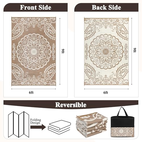 Pauwer Waterproof Outdoor Rug 6x9, Reversible Plastic Straw Patio Camping Rug, Indoor Outdoor RV Mat Carpet for Deck, Camper, Porch, Balcony, Backyard, Picnic, Boho Brown - color: Boho Brown, size: 6' x 9' (Rectangular)