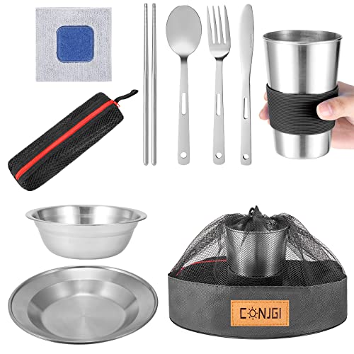 Outdoor Camping Mess Kit - 1 to 2 persons Camping Dishes Includes Cups, Bowls, Dishes, Knives, Forks, Spoons, Etc, Camping Dinnerware Set with Mesh Bag is Easy to Carry Camping Tableware Set - color: 1 person set black