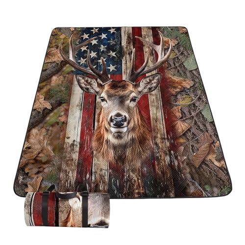 Outdoor Picnic Blanket,Portable Sandproof Waterproof Picnic Mat,American Flag Deer Printed Camping Beach Mat for Sand and Wet Grass Hiking (Deer S) - color: Deer, size: Standard - 59"x78"