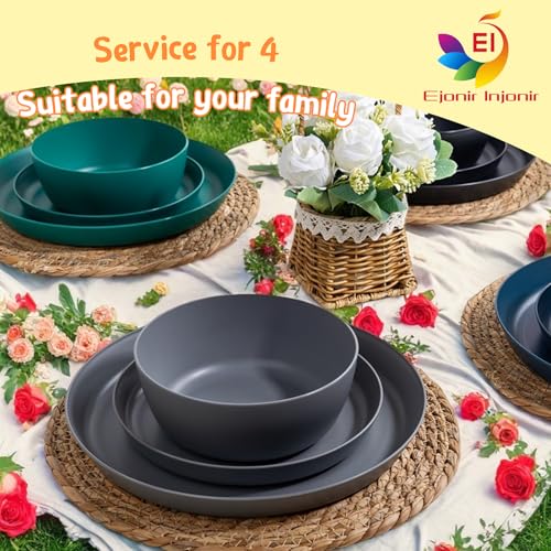 EI 12pcs Wheat Straw Plates,Plastic Plates Reusable,Unbreakable Plastic Plate,Wheat Straw Dinnerware Set,Melamine Plate-Black,Dark Grey,Dark Green,Dark Blue,Dinner, Camping,Picnic - color: Black,Drak Grey,Dark Green and Dark Blue Wheat Straw Plates and Bo