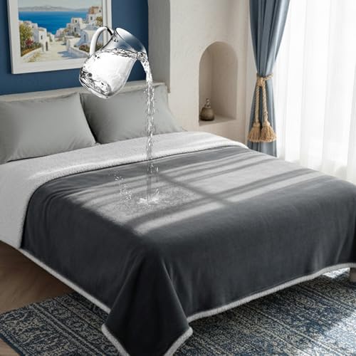 Makigued Waterproof Dog Blanket for Couch & Bed, Reversible Sherpa Fleece Pet Throw with Quiet TPU Barrier, Machine Washable Furniture Protector for Large Dogs & Cats, Queen Size 80x90 Inch, Gray - color: Gery, size: Queen(80"*90")