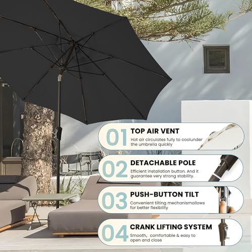 9FT Large Outdoor Patio Umbrella Pool Market Umbrella-UV Resistant, Easy Push Button Tilt and Crank, 8 Sturdy Ribs Heavy-Duty Table Umbrella for Deck, Backyard, Garden (Black) - color: Black, size: 9 FT