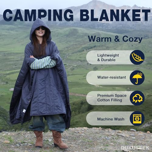 DUKUSEEK Outdoor Wearable Camping Blanket with Hood, Large Packable Backpacking Hooded Stadium Blankets, Lightweight Warm Quilt for Picnic, Hiking, Football, 79"X56" - color: Navy Blue - Wearable Camping Blanket