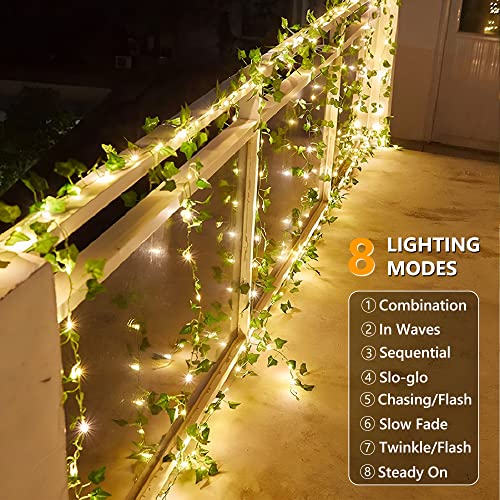 Brizled Solar Vine String Lights, 33ft 100 LED Solar String Lights, 8 Modes Artificial Ivy Leaf Solar Plant Vine Lights, Outdoor Ivy Fairy Lights for Outside Wedding Garden Fence Wall Hanging Decor - color: Warm White-Ivy