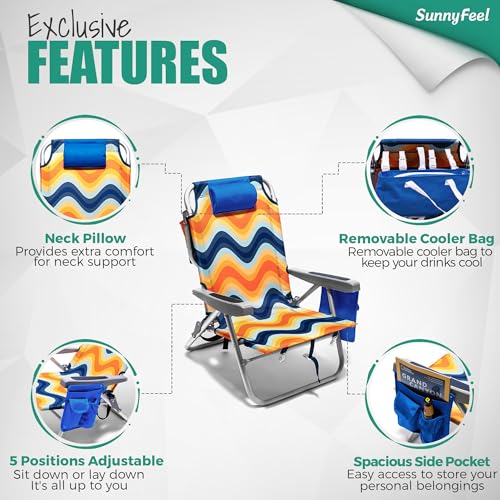 SUNNYFEEL Low Beach Chair, 5-Position Lay Flat Reclining, Backpack Portable Folding Chair with Cooler Bag & Cup Holder, Heavy Duty 350 LBS, Compact for Beach, Camping, Travel - color: Orange Wave, size: 1-pack
