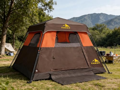 3/4 Person Camping Tent with 1 Door, 4 Windows, and Upgraded Ventilation– Instant Setup, Waterproof, 8'x 8'x 67''Oxford Fabric Floor Pop Up in 60 Seconds Includes Rainfly and Backpack - color: 4 Person Brick Red