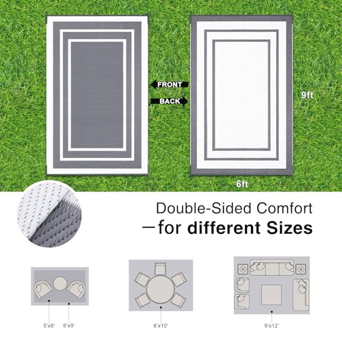 OLANLY Outdoor Rug 6x9 ft Waterproof, Reversible Outdoor Plastic Straw Rug, RV Mat, Indoor Outdoor Carpet Clearance for Patio, Camping, Balcony, Deck, Backyard, Grey & White - color: Grey & White, size: 6' X 9' (Rectangular)