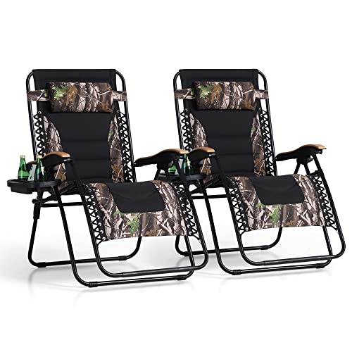 PHI VILLA XXL Oversized Padded Zero Gravity Chair Set of 2, Foldable Patio Recliner, 30" Wide Seat Anti Gravity Lounger with Armrest and Cup Holder, Support 400 LBS (Camouflage) - color: Camouflage, style: 2 Pcs