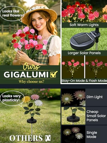 GIGALUMI Solar Lights Outdoor for Garden Decor, 3 Pack Solar Flower Lights Waterproof, 2 Lighting Modes 21 Chrysanthemums for Pathway,Yard, Patio Decoration, Gardening Gifts for Women (Muiltcolored) - color: Multicolor, size: 3 Pack