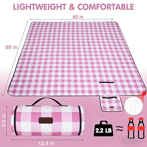HX&OD Outdoor Picnic Blanket, Extra Large, 80''x80'' Waterproof Foldable Blankets Gingham Picnic Mat for Beach, Camping Grass Lawn Park Accessories Cute Couple Ideas Wedding (Pink, 80”x80”) - color: Pink, size: 6'8" x 6'8" (Square)