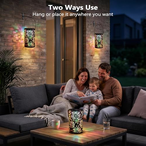 Brizled Solar Lantern Outdoor, July 4th Firework Lanterns Colorful, Waterproof LED Solar Tabletop Lamp, 2 Pack Hanging Solar Garden Lanterns, Metal Garden Pathway Lighting for Patio Path Porch Balcony - size: 2 Pack, style: Firework Lantern Light