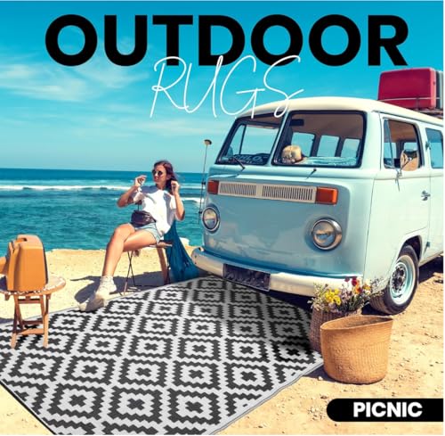 Outdoor Rugs, Outdoor Plastic Straw Rug, Reversible Waterproof Carpet for Camping, Poolside, Garden, BBQ Area, Gazebo Flooring, RV Park & Beach, Square Pattern, Black & White, 5'x8' - color: Square Frames - Black & White, size: 5' x 8'