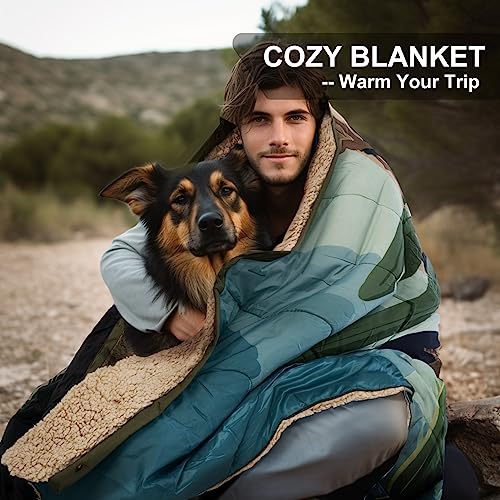 Outdoor Camping Blanket with Sherpa Lining, Extra Warm Thick Camp Blankets and Puffy Ultralight Soft Poncho DWR Camping Quilt for Cold Weather, Adventure, Sleeping, Backpacking 78"x 56" - color: Cactus Green, size: 78 x 56 inches