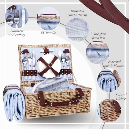 Picnic Baskets Wicker Willow Picnic Set for 4 Persons with Insulated Cooler Bag and Waterproof Blue Picnic Blanket Gift for Christmas Thanksgiving Wedding Birthday Camp Outdoor Beach Travel - color: Light Blue