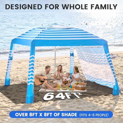 Zeraty Beach Cabana 8'×8', Portable Beach Canopy with Side Wall, UPF 50+ Silver-Coated Beach Tent Sun Shelter, Wind Resistant Adjustable Altitude Beach Umbrella Tent for Family, Sky Blue - color: Sky Blue