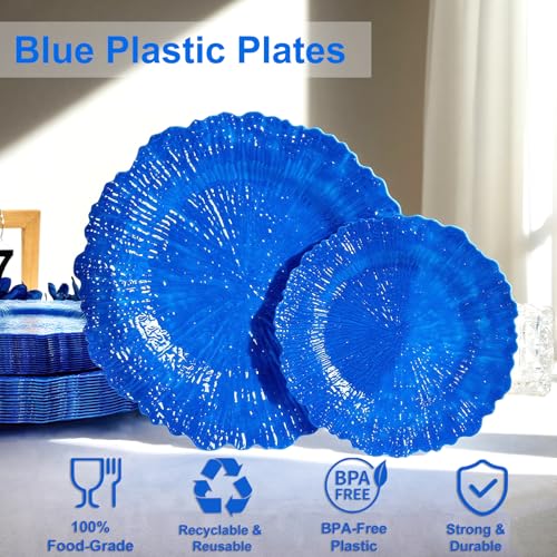 DaYammi 60Pcs Blue Plastic Plates - Sapphire Blue Plates Disposable & Reusable - Heavy Duty Plastic Plates for Party Including 30 Dinner Plate,30 Dessert Plate for Weddings,Dinner - color: Sapphire Blue