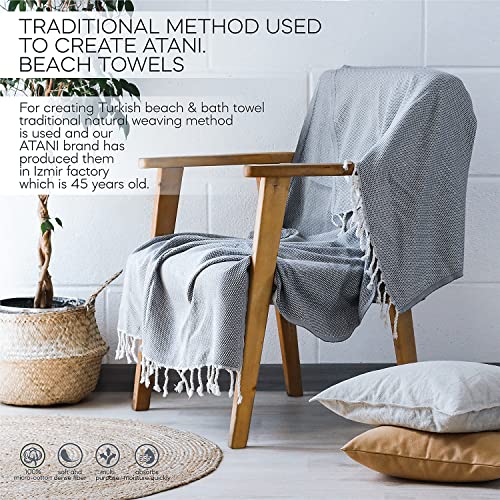 ATANI 69x35 in Oversized Turkish Beach Towel Set with Tote Bag – Quick-Dry 100% Turkish Cotton Peshtemal, Sand-Resistant, Lightweight for Shower, Travel, Pool, Yoga (Grey) - color: Grey + Bag, size: 35 inc x 69 inc